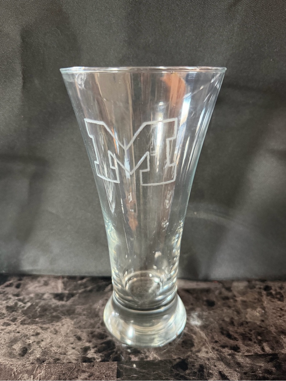 Clear Pilsner Glass with Etched 'M' Monogram